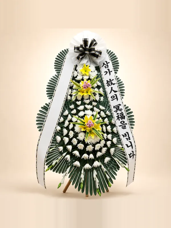 근조 3단 고급 화환 — 국화와 백합을 함께 올린 세 단 구성
